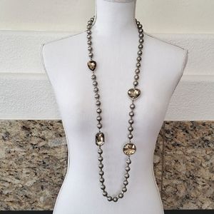 Vintage Mid Century Modern Metal Ball Chain Quartz Rhinestone Long Necklace